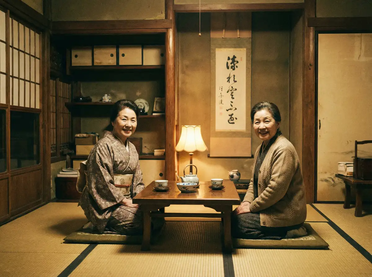 两位优雅的 里番大全 在日式茶室中品茶交谈